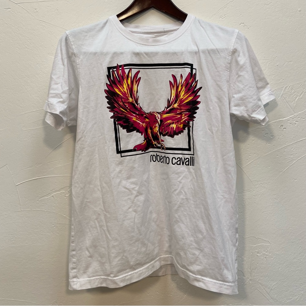 ROBERTO CAVALLI PHOENIX GRAPHIC COTTON WHITE CREW NECK T SHIRT